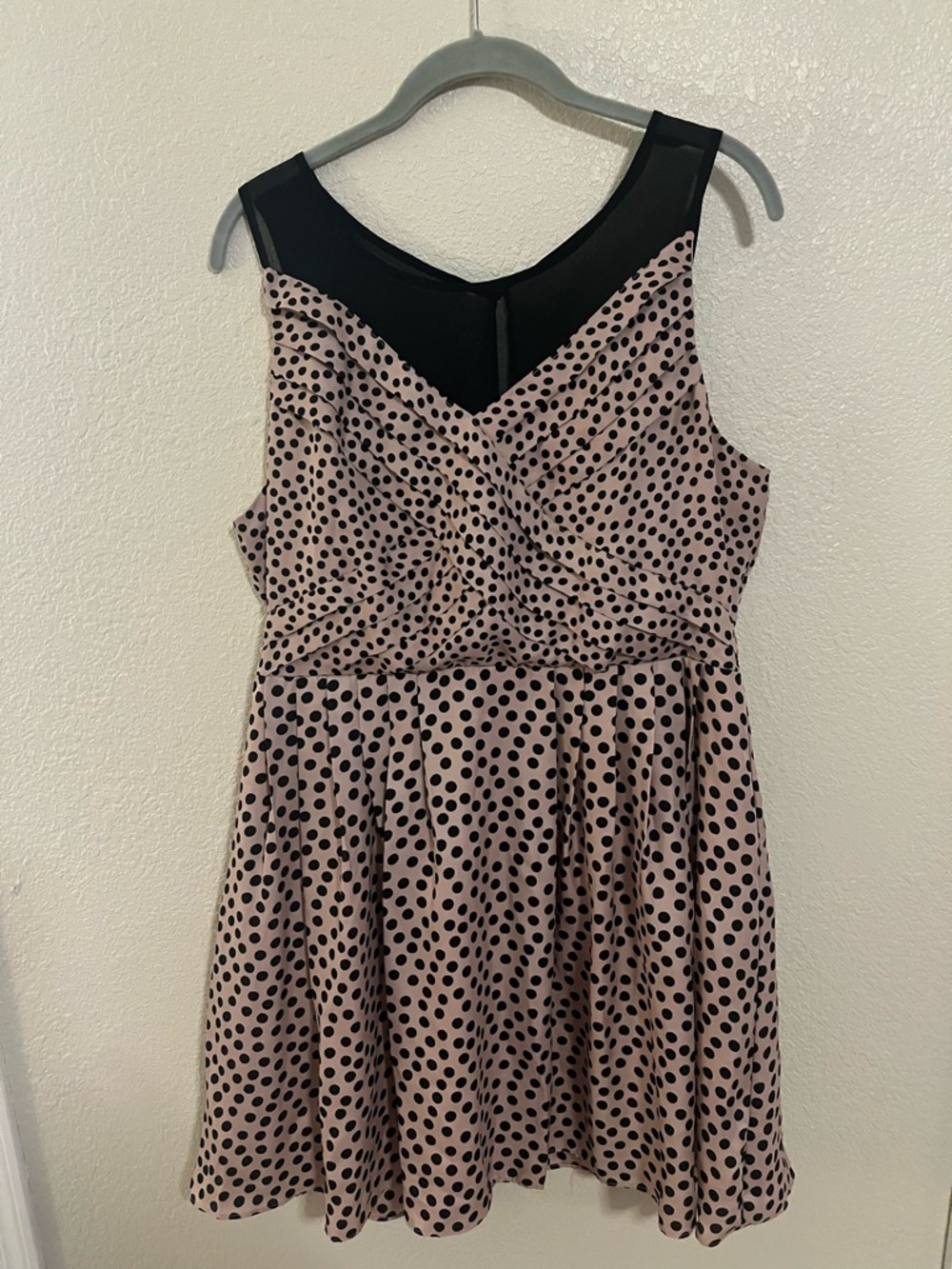 LC Lauren Conrad Pink Polka Dot Fit & Flare Dress with Black Mesh Yoke